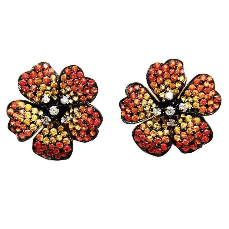 18K White gold Orange Yellow Sapphire Diamond Gold Small Flower Stud Earrings For Sale at