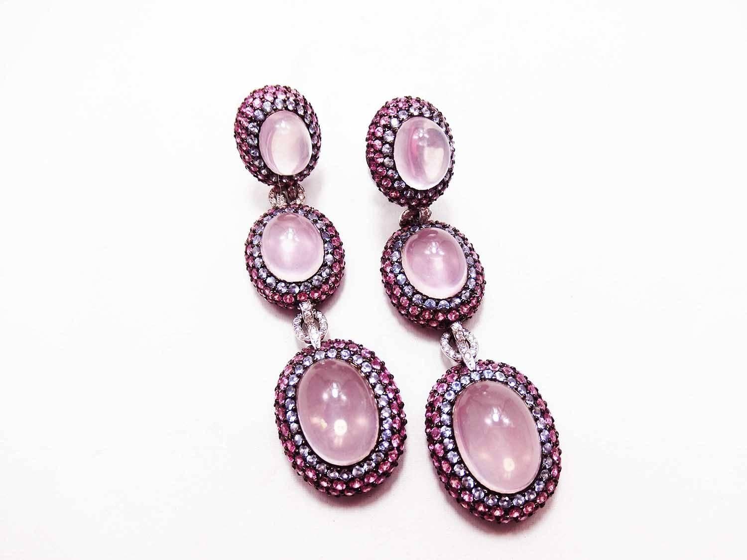 Oval Cut 18 Karat White Gold Pink Sapphire Ruby Rose Quartz White Gold Oval Earrings For Sale