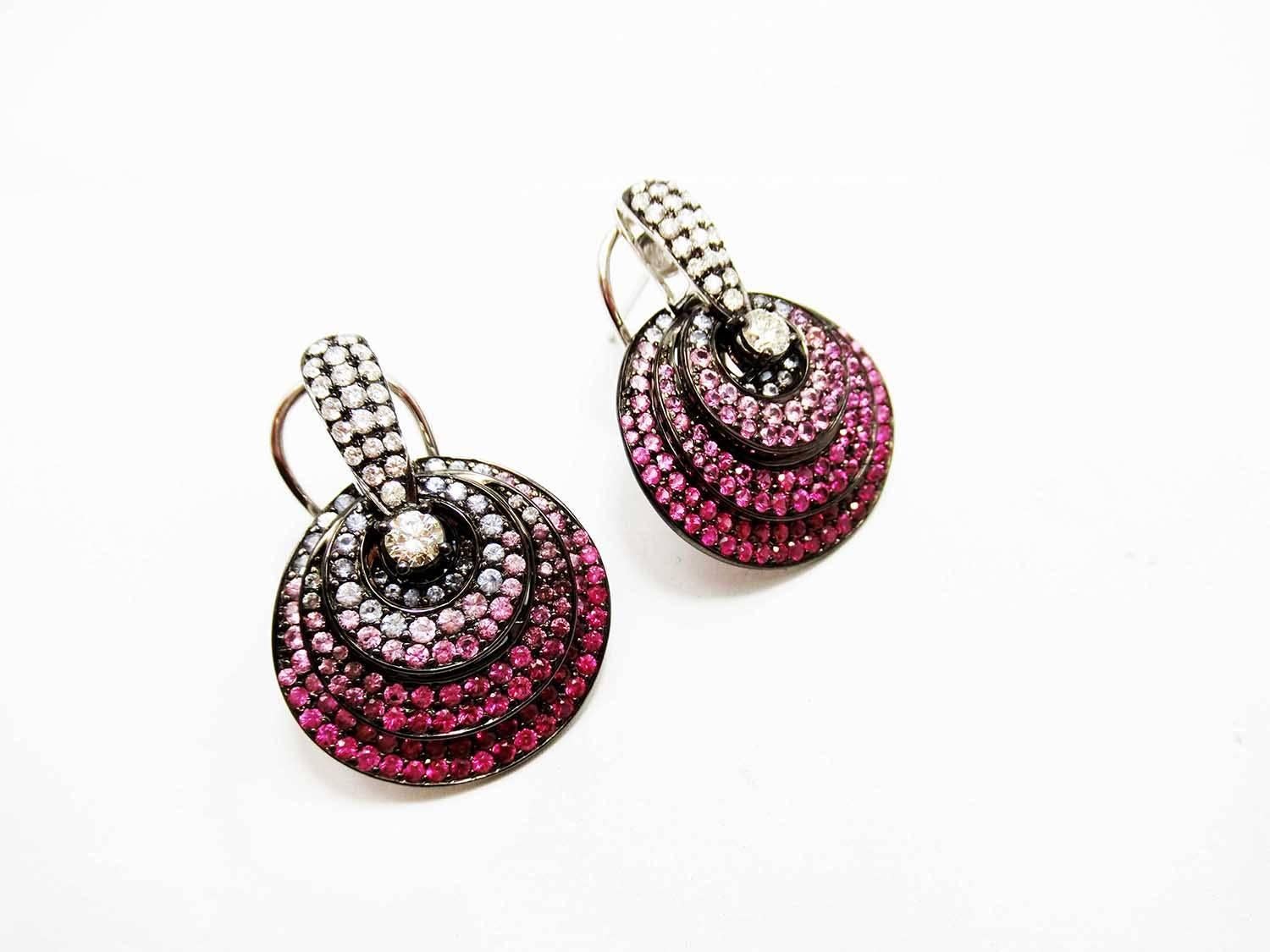 Round Cut 18 Karat White Gold Small Circle Earrings with Ruby, Pink Sapphire and Diamond For Sale