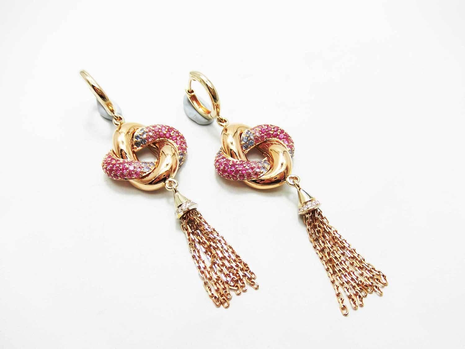 Mixed Cut 18 Karat White Gold Pink Blue Sapphire Ruby Twist Knot Dangle Earrings For Sale
