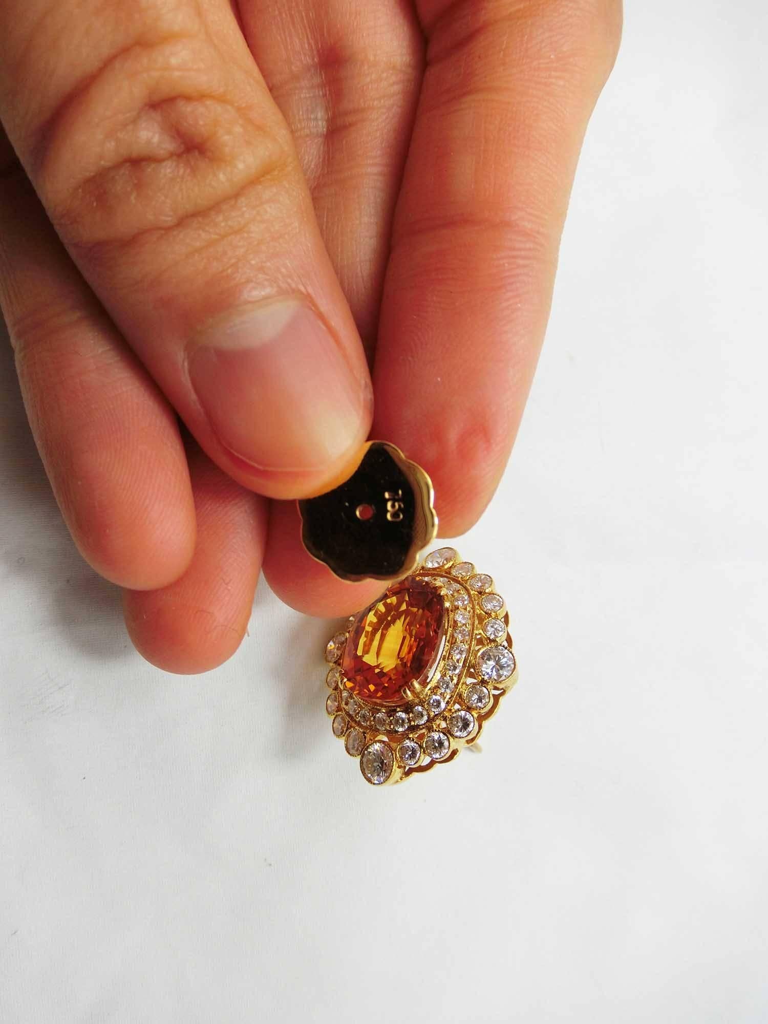 Oval Cut 7.69 and 7.59 Carat Cushion Cut Yellow Sapphire Diamond Gold Cluster Earrings