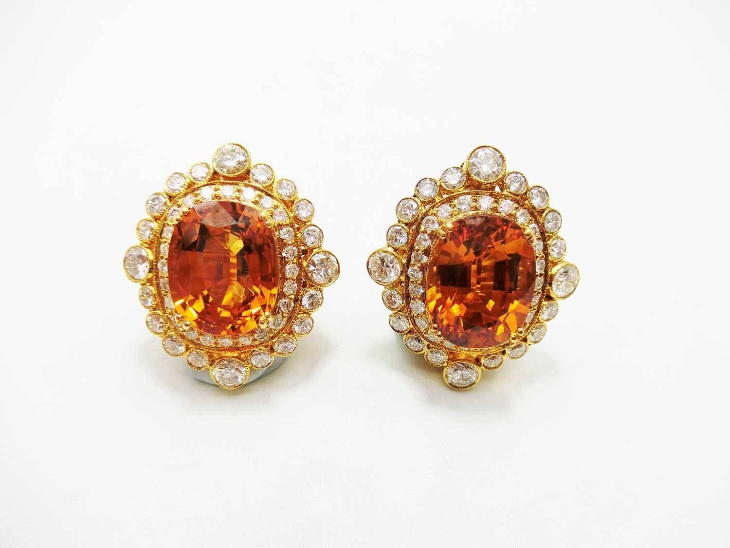 Renaissance 7.69 and 7.59 Carat Cushion Cut Yellow Sapphire Diamond Gold Cluster Earrings For Sale