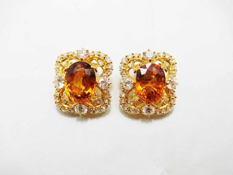 Oval Cut 18 Karat Gold Victorian Yellow Sapphire and Diamond Clip-On Earrings For Sale