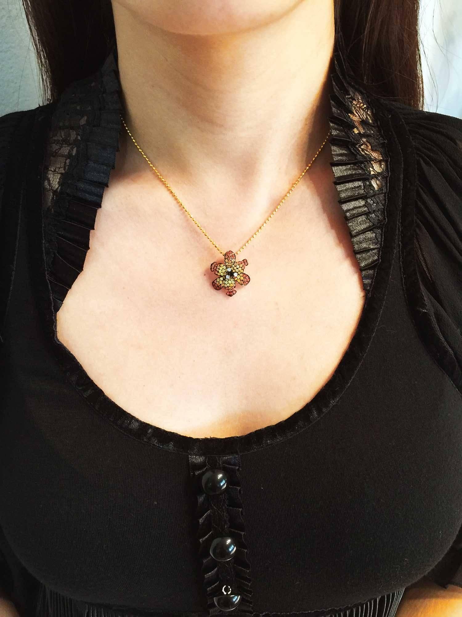 Women's Tiny Lilly Pendant with Gold Chain in Yellow and Orange Sapphire and Diamond For Sale