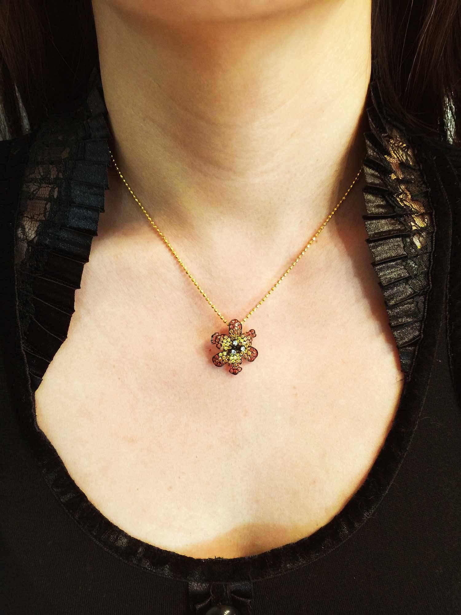 Tiny Lilly Pendant with Gold Chain in Yellow and Orange Sapphire and Diamond For Sale 1