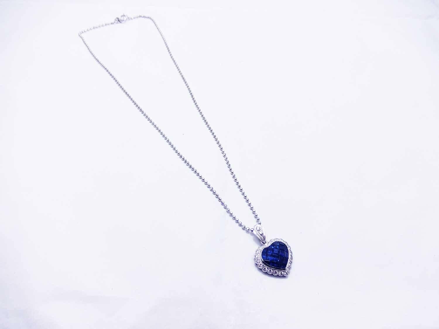 Blue sapphire heart pendant made in 18k white gold .
Top quality sapphire 3.35 ct
Diamond 0.40 ct H VS quality