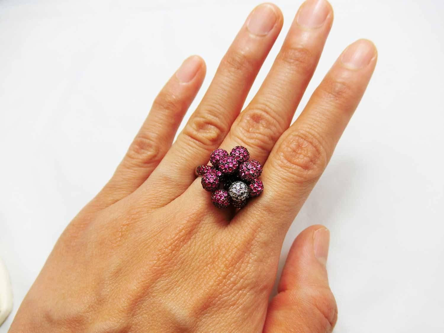 Multi-Color Pink Sapphire, Ruby and Diamond Ball Ring 1