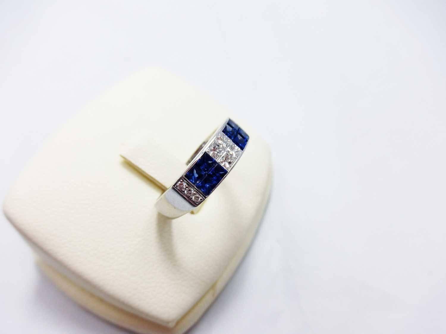 18K White gold invisible Sapphire Ring with Princess Diamond For Sale 1