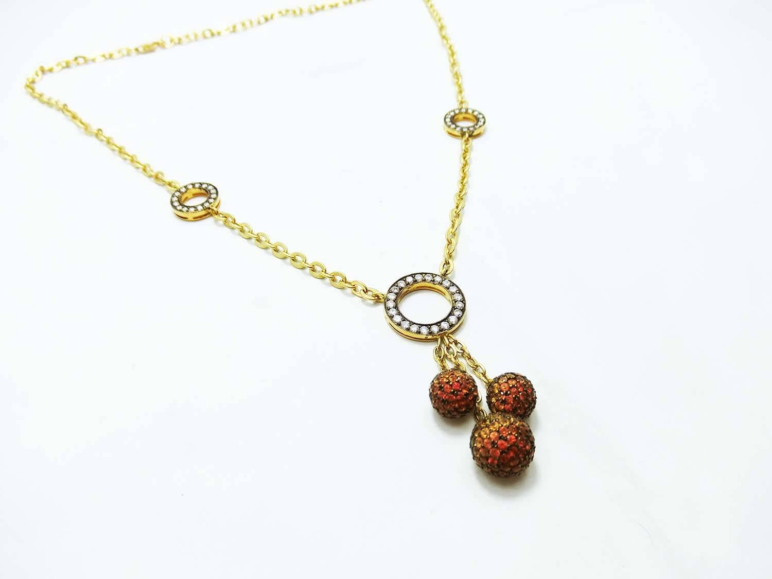 18K White gold Three Balls Necklace with Orange, Yellow Sapphire and Diamond In New Condition For Sale In Bangkok, TH