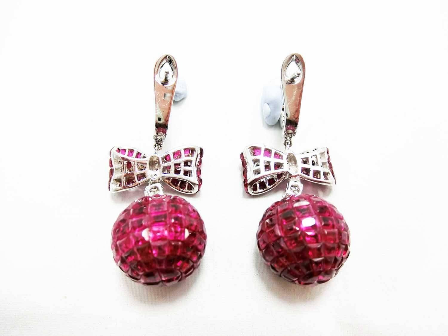 Modern 18K White gold invisible Ruby Diamond Gold Ribbon Ball Drop Earrings