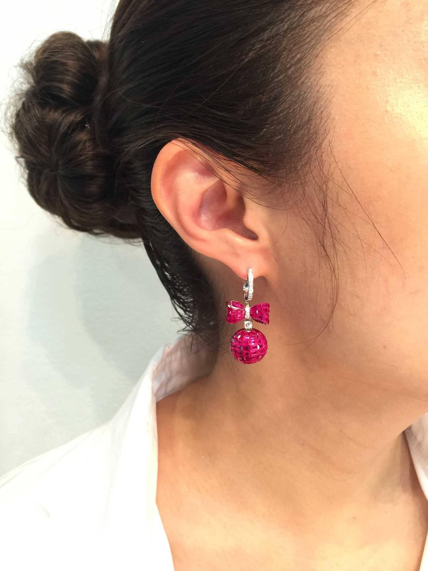 Women's 18K White gold invisible Ruby Diamond Gold Ribbon Ball Drop Earrings