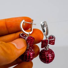 18K White gold invisible Ruby Diamond Gold Ribbon Ball Drop Earrings