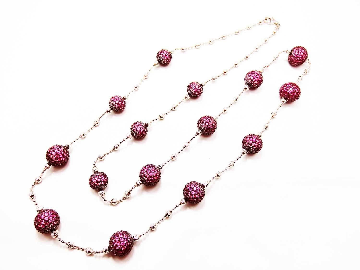 Graduated color sapphire ball necklace made in 18k white gold .We graduated color sapphire ball to make it look soft and sweet .It will look sweet form light to dark.sWe also graduated the size of all ball too. You can use long chain as many