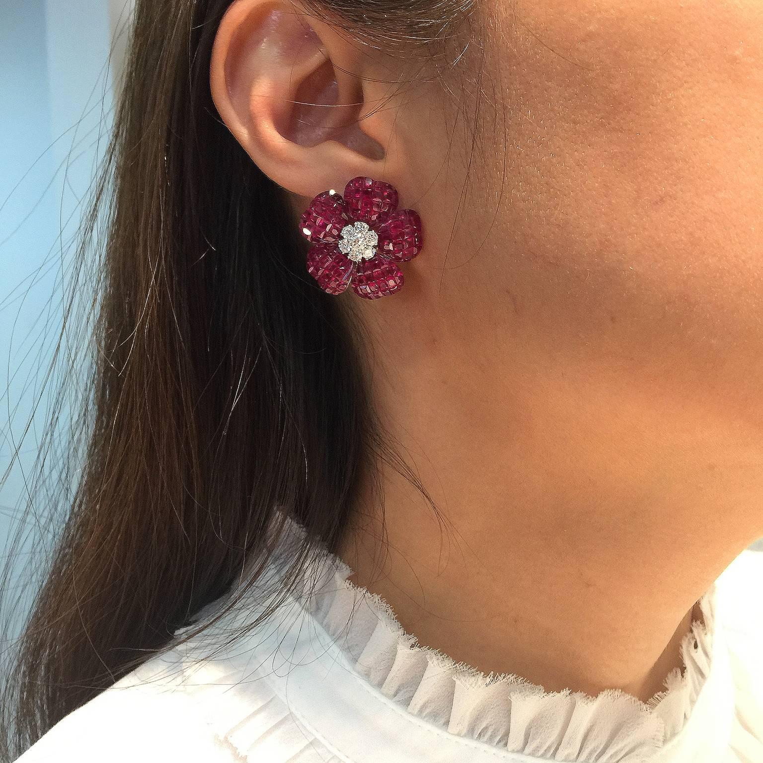 Women's Heart Petal Ruby Invisible Earrings
