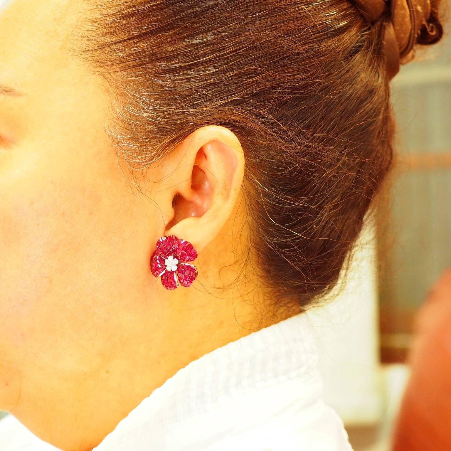 Women's White Gold Ruby Diamond Flower Stud Earrings