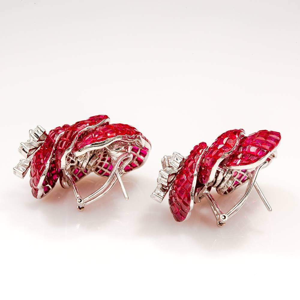 Modern 18K White gold Ruby Invisible Butterfly Flower Earrings For Sale