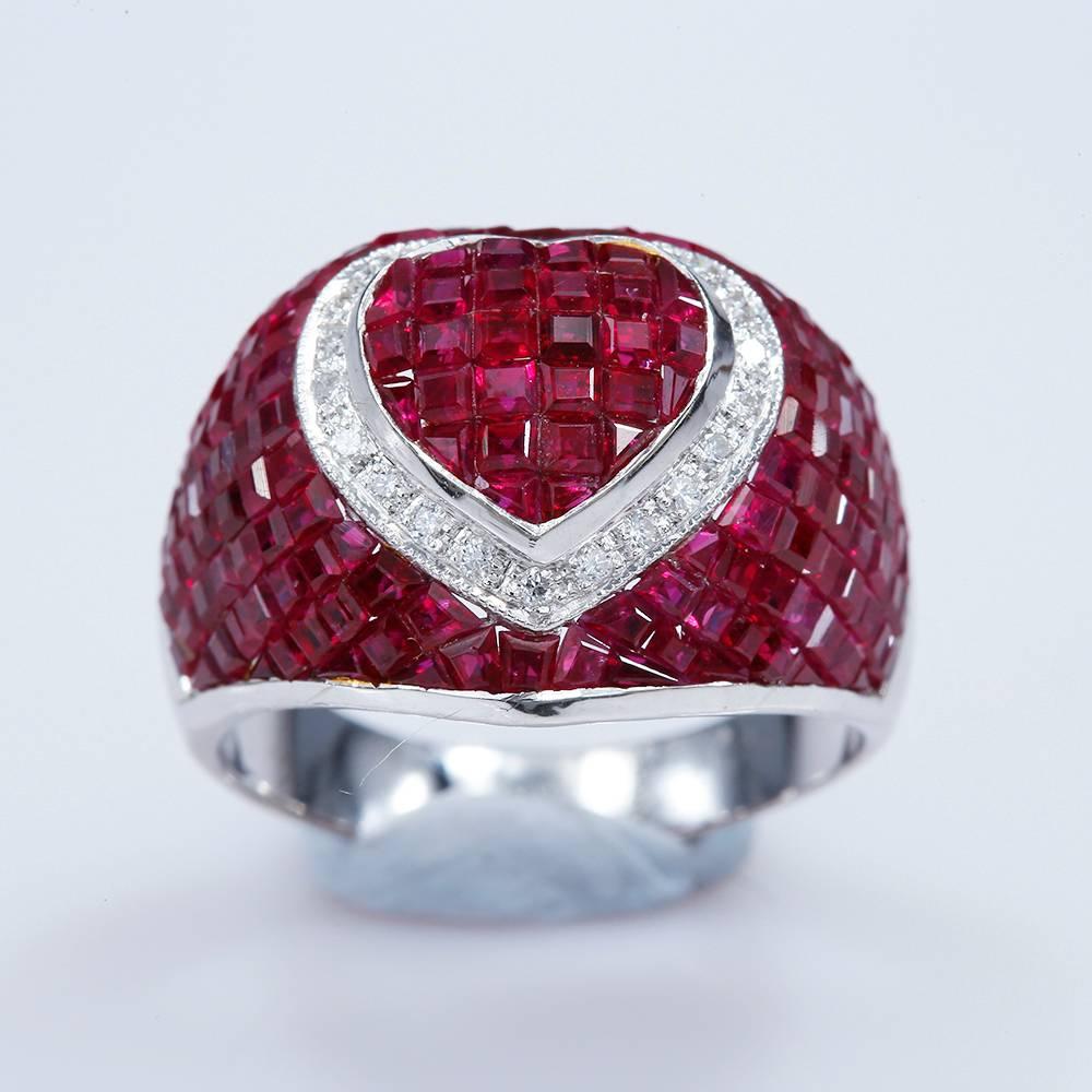 The top quality ruby which make in invisible setting.We set the stone in perfection as we are professional in this kind of setting more than 40 years.The invisible is a highly technique .We cut and groove every stone .Therefore; we can guarantee the