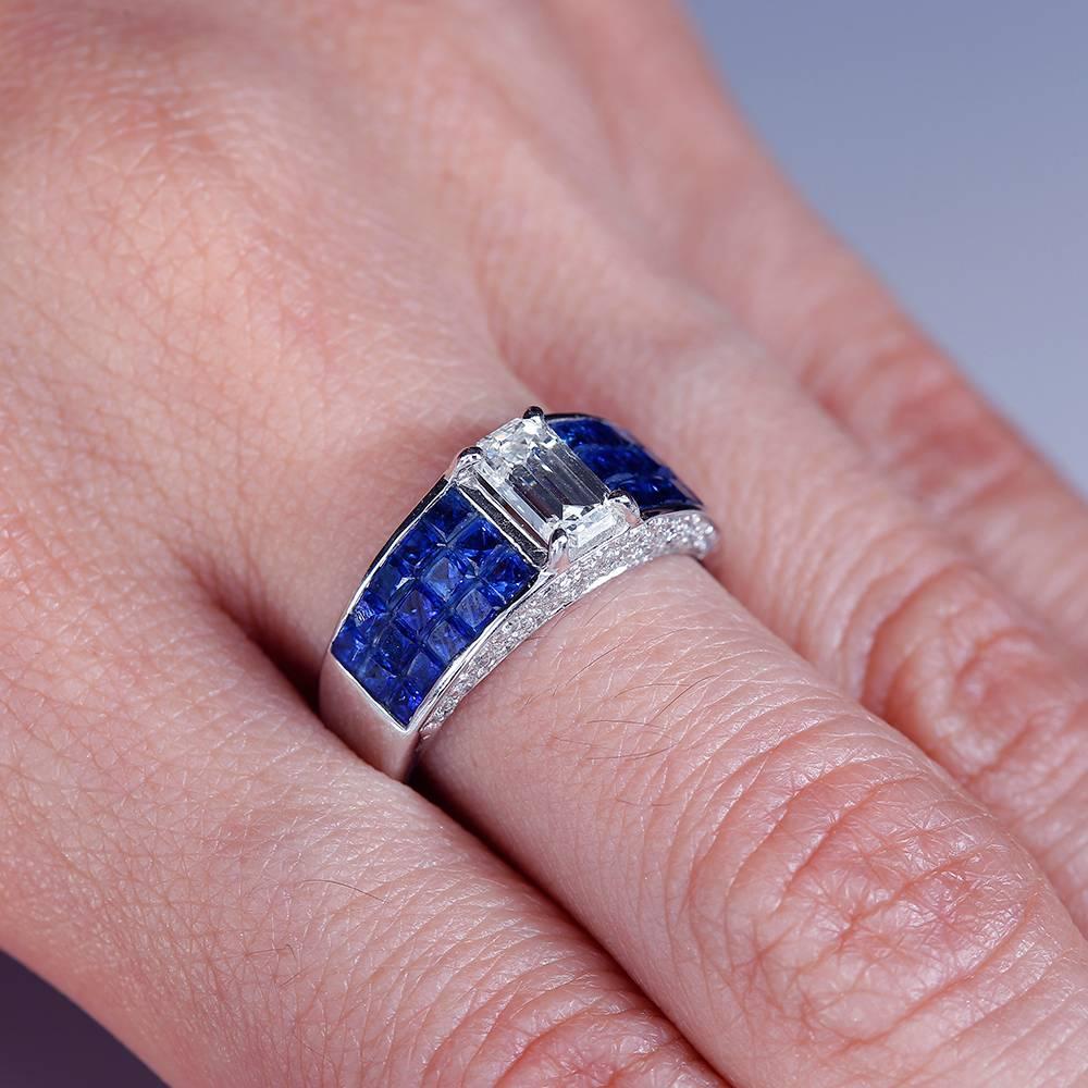 18K White gold Emerald Cut Diamond invisible with Sapphire Ring In New Condition For Sale In Bangkok, TH