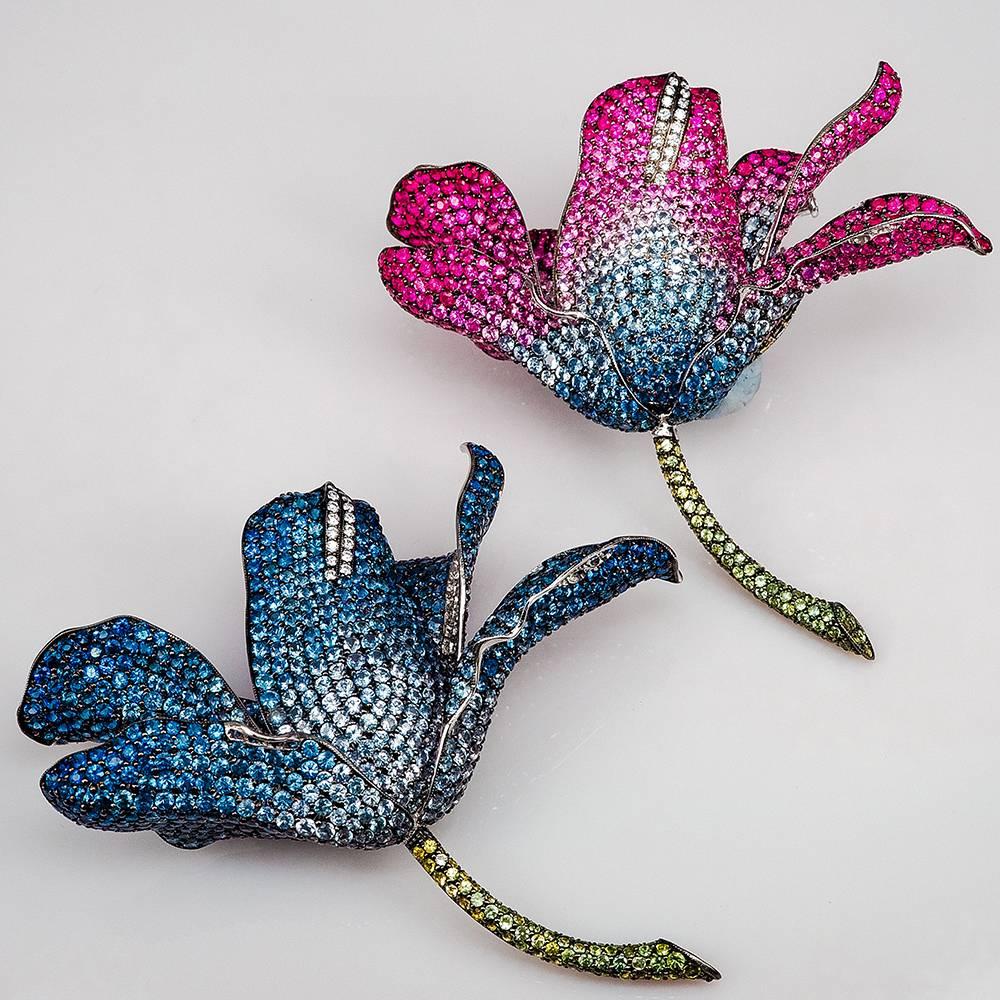 Modern 18 Karat White Gold Ruby, Sapphire and Green and Pink Sapphire Lilly Big Brooch