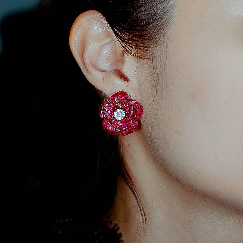 Modern 18 Karat White Gold Ruby Invisible Rose Earrings