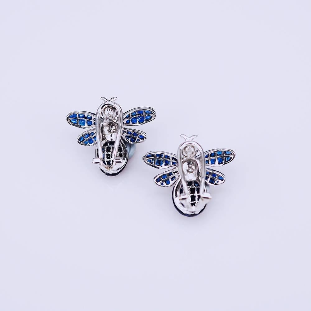 Modern 18K White gold invisible Sapphire Bee Earrings