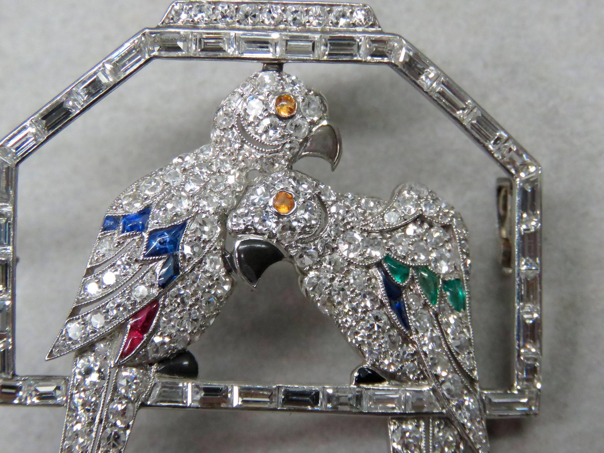 Art Deco 1930s Emerald Ruby Sapphire Diamond Platinum Parrots Brooch Pin