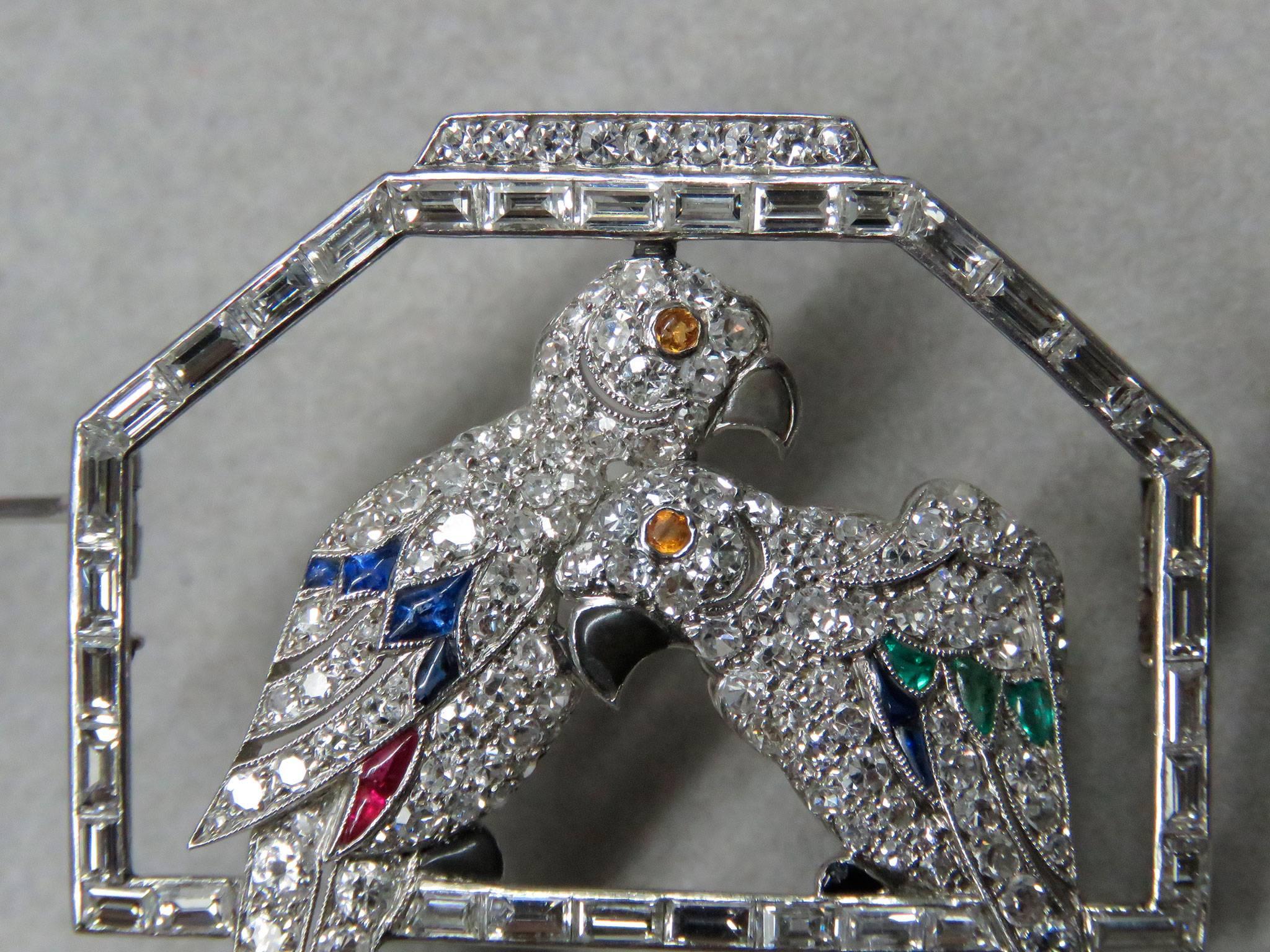 Women's 1930s Emerald Ruby Sapphire Diamond Platinum Parrots Brooch Pin
