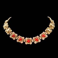 1970s Van Cleef& Arpels Coral Diamond Yellow Gold Necklace.