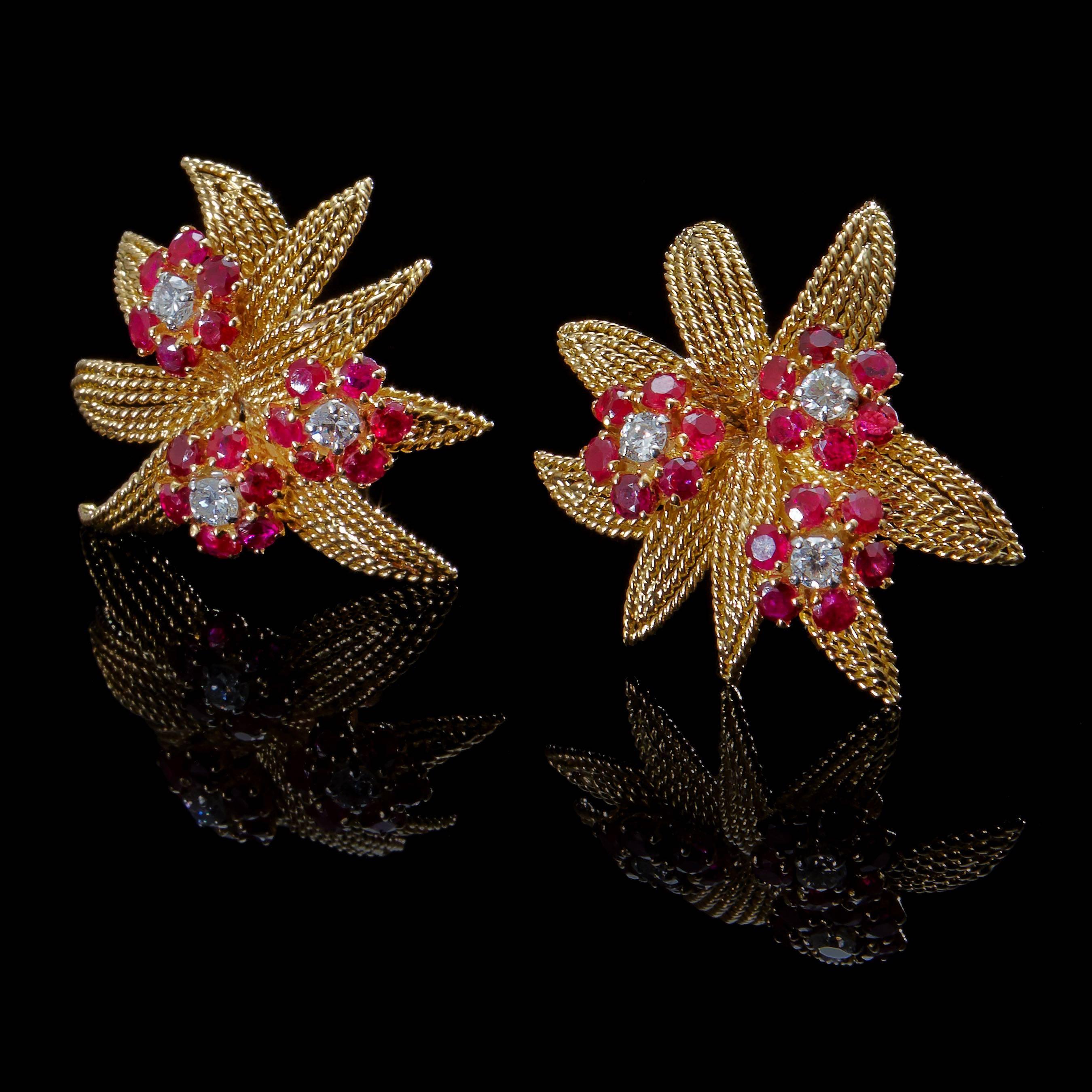 1950s J.Lacloche Diamonds and Ruby Gold  Earrings Brooch Set. For Sale 4