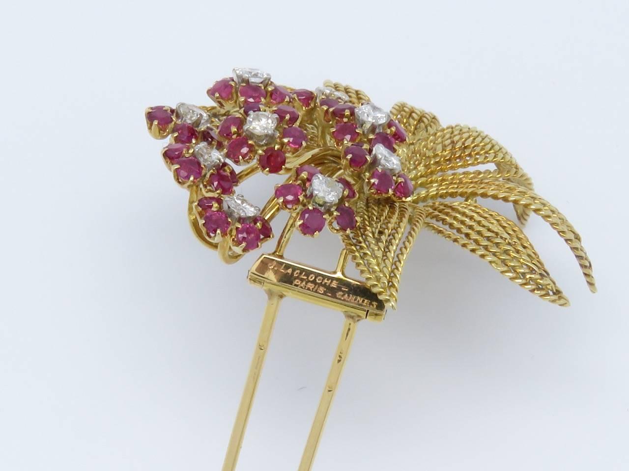 Women's 1950s J.Lacloche Diamonds and Ruby Gold  Earrings Brooch Set. For Sale