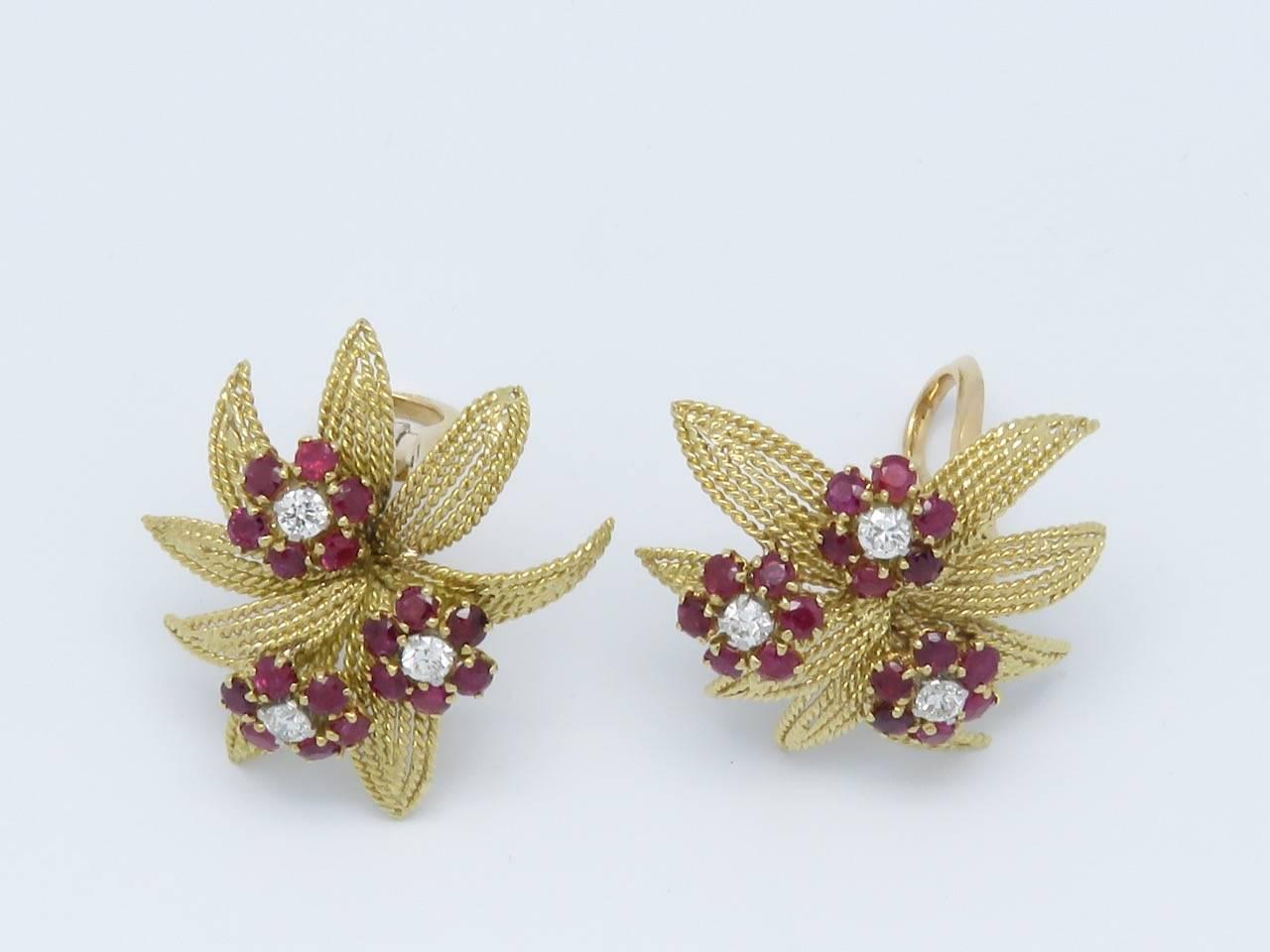 1950s J.Lacloche Diamonds and Ruby Gold  Earrings Brooch Set. For Sale 2