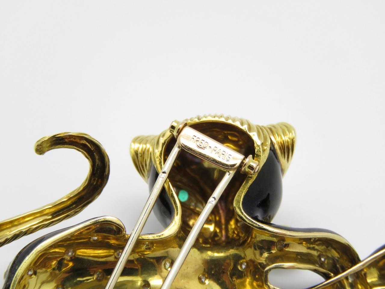 1970s Fred Paris Diamond Emerald Black Enamel Gold Leopard Brooch 2