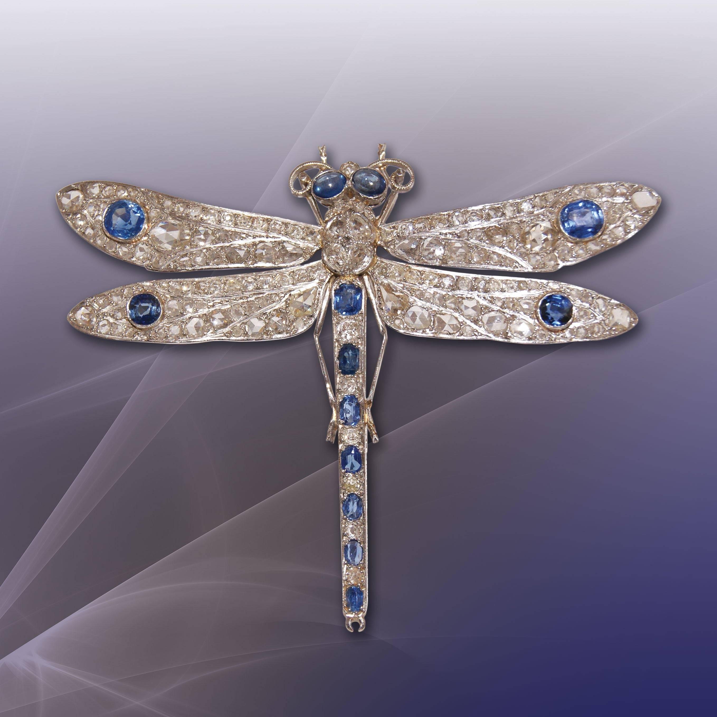 Platinum and white gold dragonfly brooch,entirely set with 