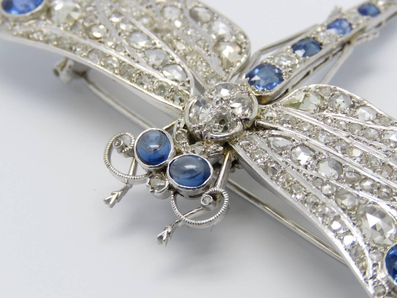 Art Deco 1920s Sapphire Diamond Platinum Gold Dragonfly Brooch.
