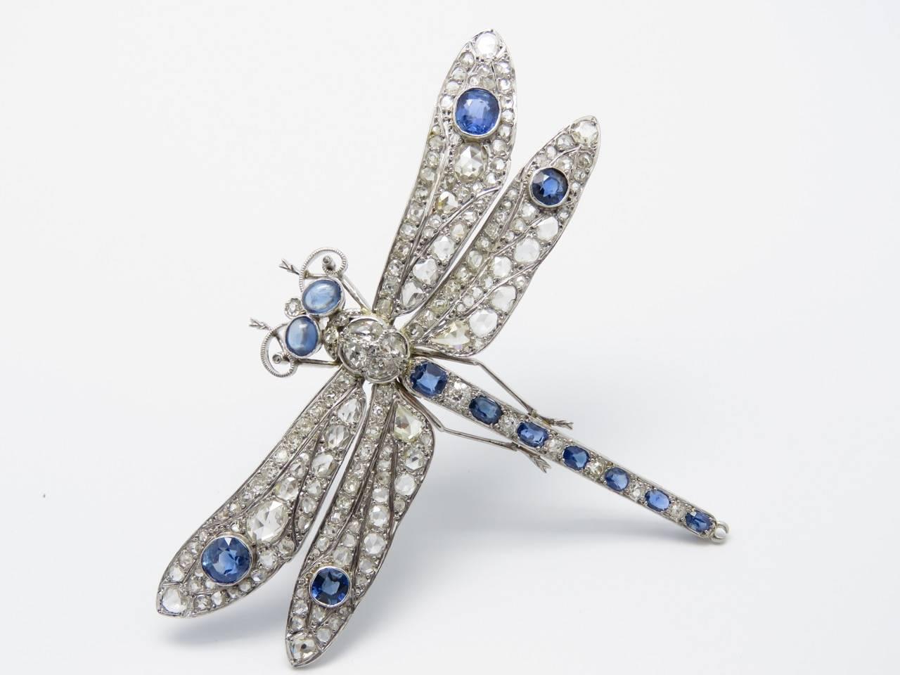 1920s Sapphire Diamond Platinum Gold Dragonfly Brooch. In Good Condition In Beziers, FR