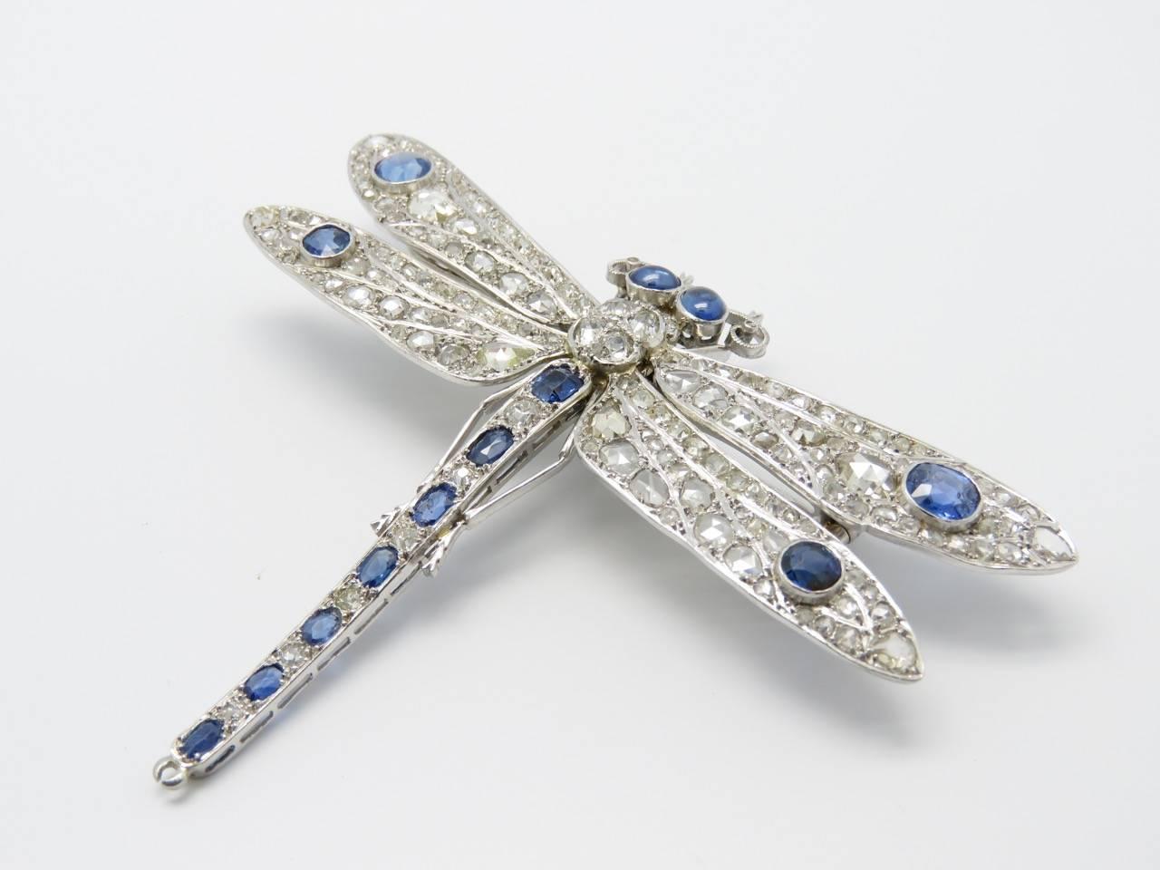 Women's 1920s Sapphire Diamond Platinum Gold Dragonfly Brooch.