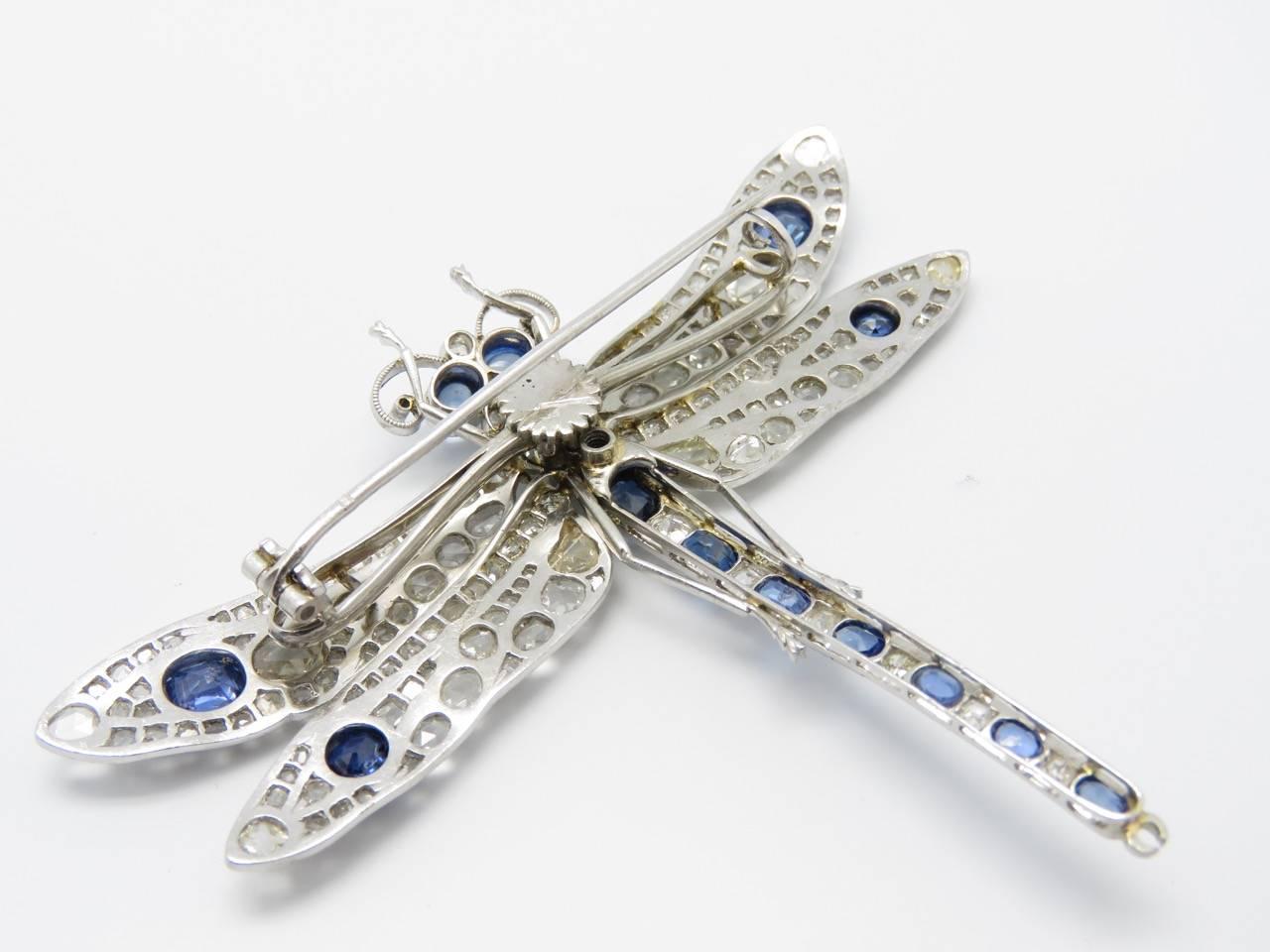 1920s Sapphire Diamond Platinum Gold Dragonfly Brooch. 1