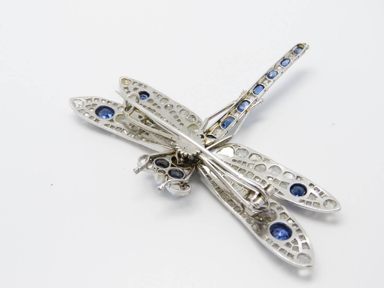 1920s Sapphire Diamond Platinum Gold Dragonfly Brooch. 2