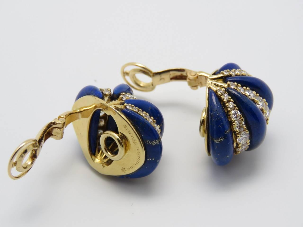1970s Boucheron Paris Lapis Lazuli Diamond Yellow Gold Ear Clips. For Sale 2