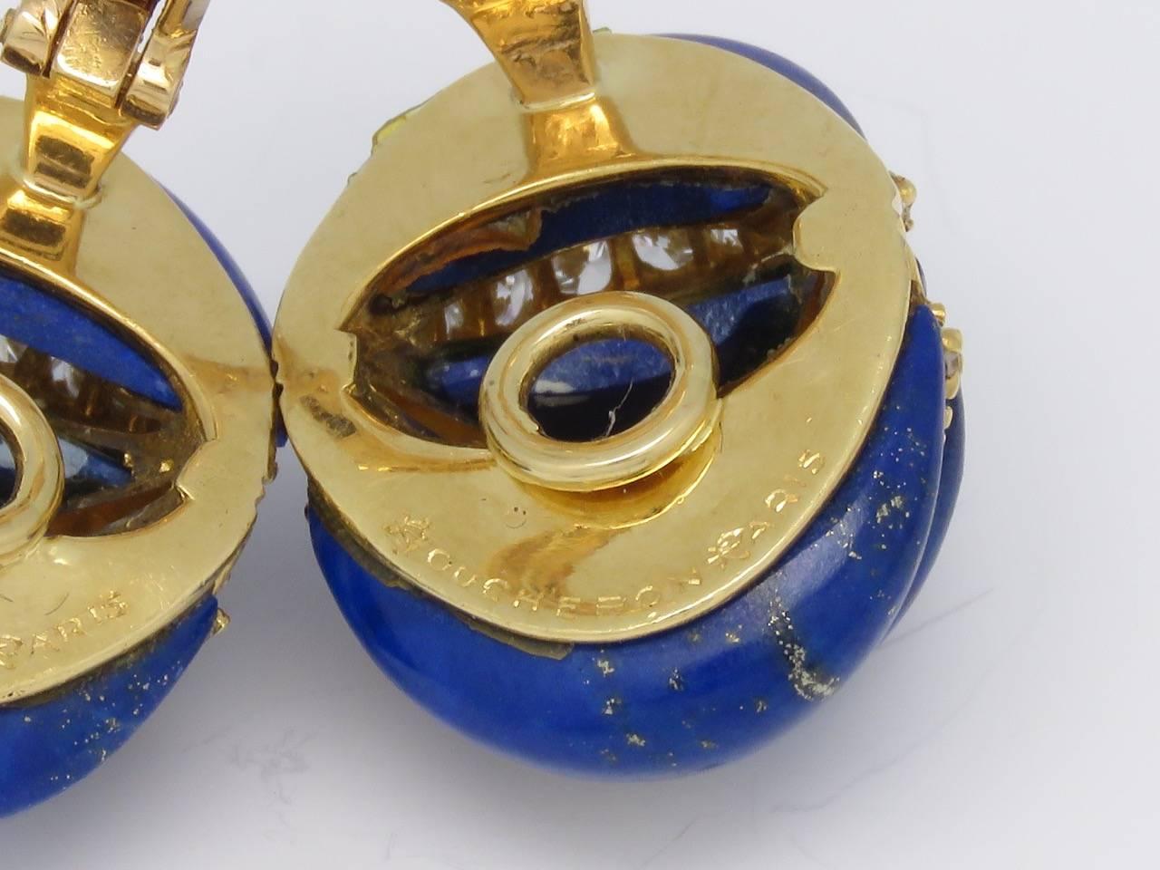 Women's 1970s Boucheron Paris Lapis Lazuli Diamond Yellow Gold Ear Clips. For Sale