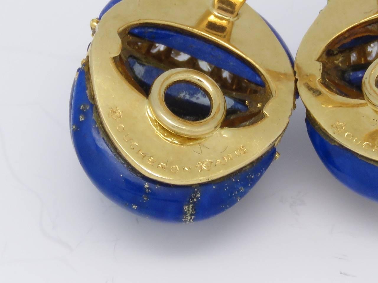 1970s Boucheron Paris Lapis Lazuli Diamond Yellow Gold Ear Clips. For Sale 3
