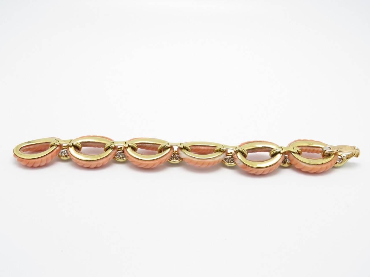 Women's 1970s O.J Perrin Paris Coral Diamond Yellow gold Bracelet. For Sale