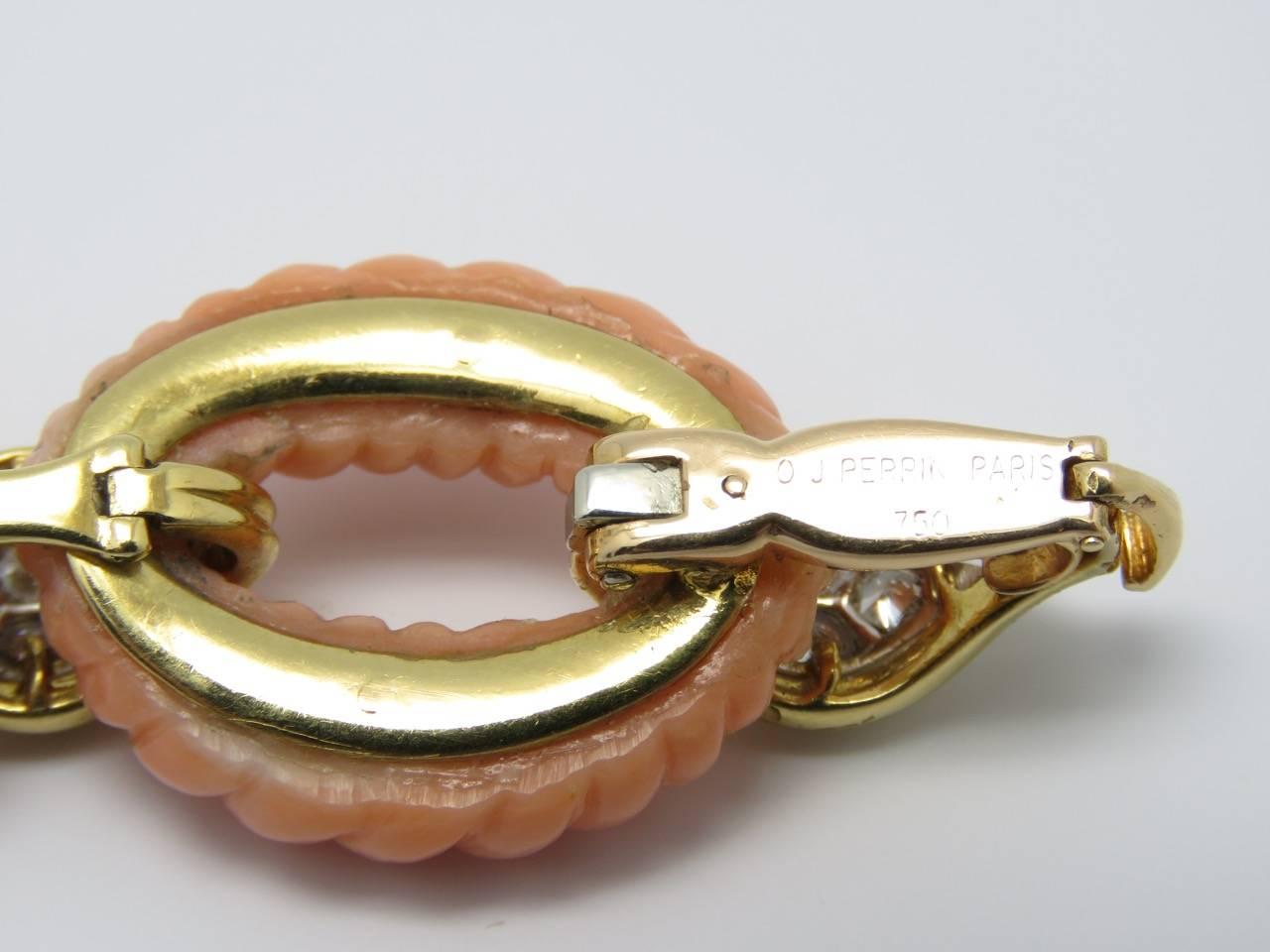 1970s O.J Perrin Paris Coral Diamond Yellow gold Bracelet. For Sale 1