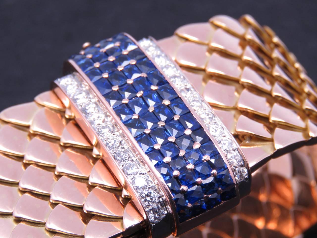 Boucheron Paris Retro Blue Sapphire Diamond Platinum Gold Bracelet. In Excellent Condition For Sale In Beziers, FR