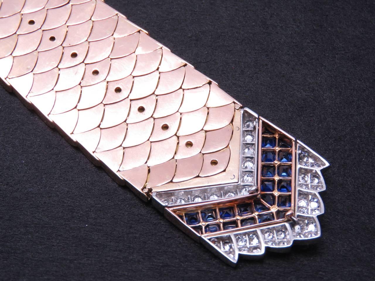 Boucheron Paris Retro Blue Sapphire Diamond Platinum Gold Bracelet. For Sale 1