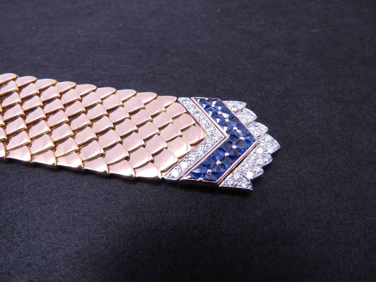 Boucheron Paris Retro Blue Sapphire Diamond Platinum Gold Bracelet. For Sale 4