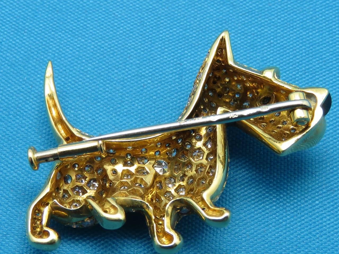 1980s OJ Perrin Onyx Diamond Gold Yorkie Brooch Pin For Sale 2