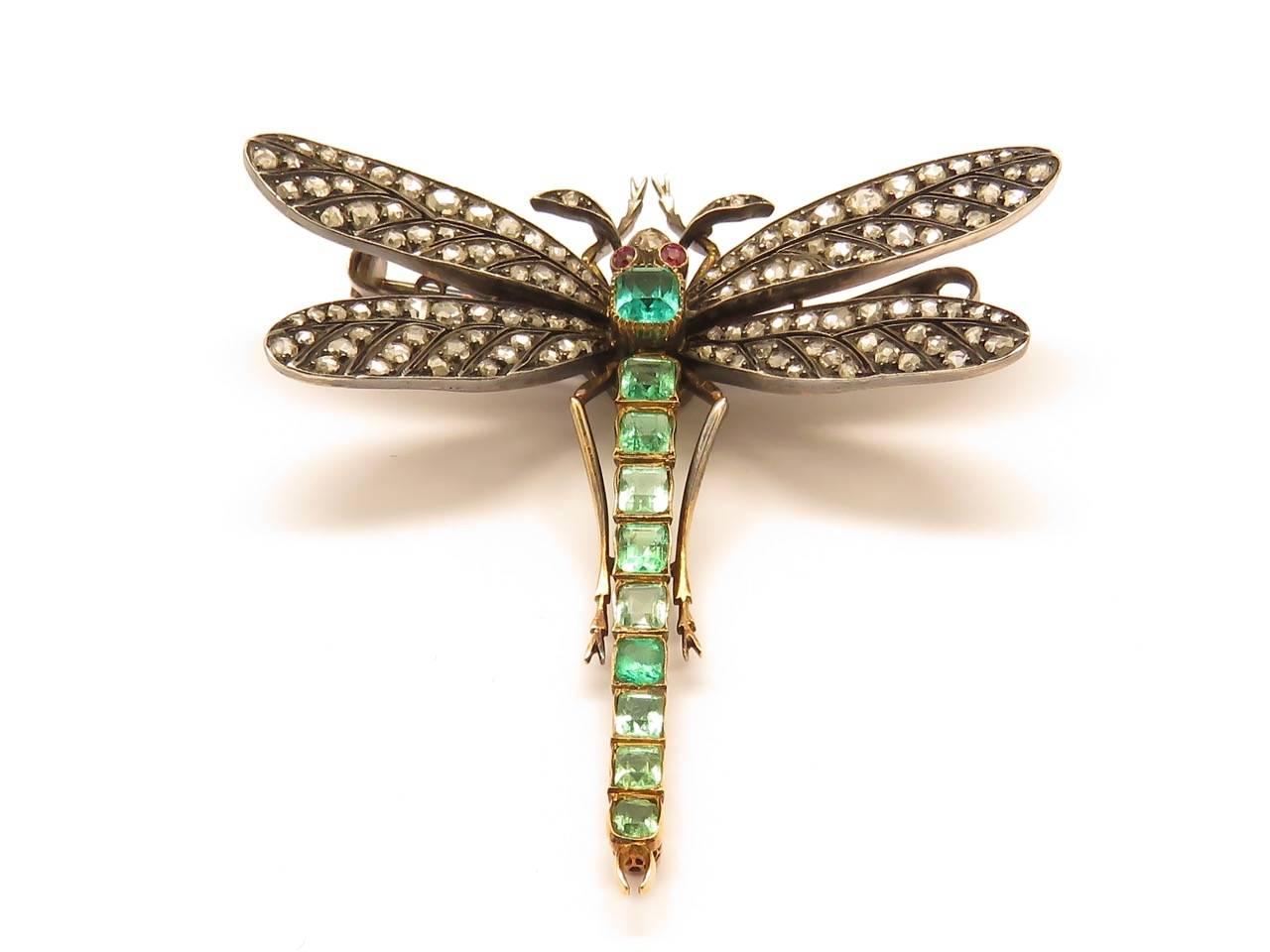 Art Nouveau Ruby Emerald Diamond Gold Silver Dragonfly Brooch In Good Condition In Beziers, FR