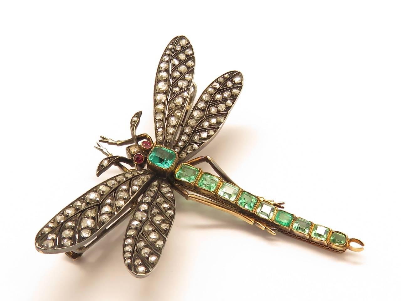 Women's or Men's Art Nouveau Ruby Emerald Diamond Gold Silver Dragonfly Brooch