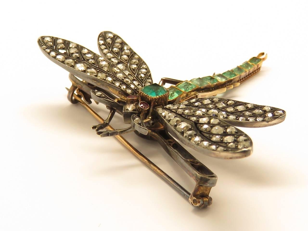 Art Nouveau Ruby Emerald Diamond Gold Silver Dragonfly Brooch 1
